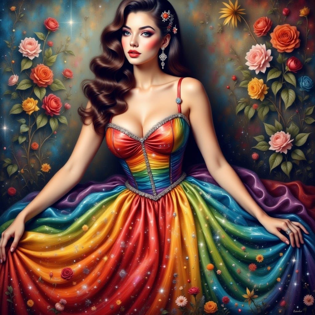 Gorgeous Woman in Vibrant Rainbow Dress, Neo-Impressionist O...