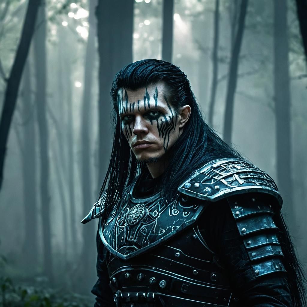 Cyber Viking in Misty Forest: Digital Art