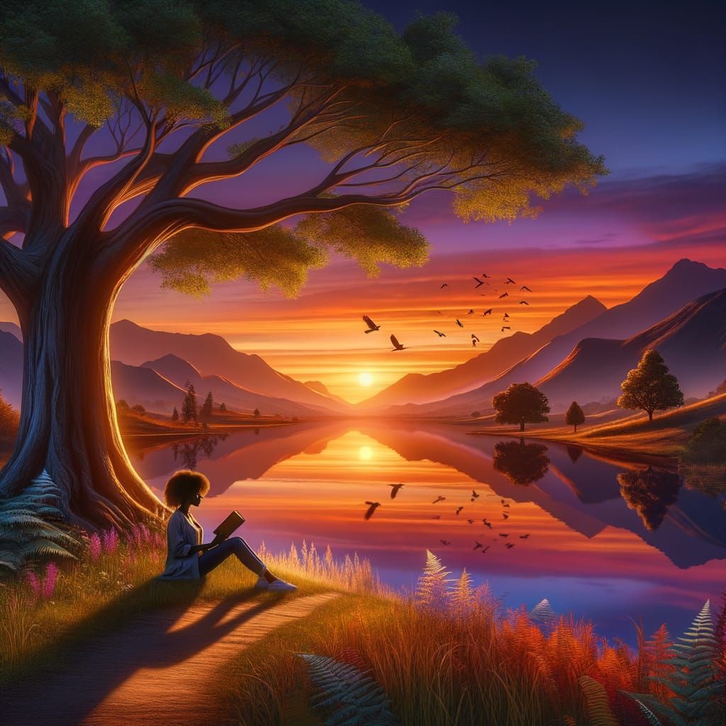 Sunset Serenity: Woman Reading by a Lake