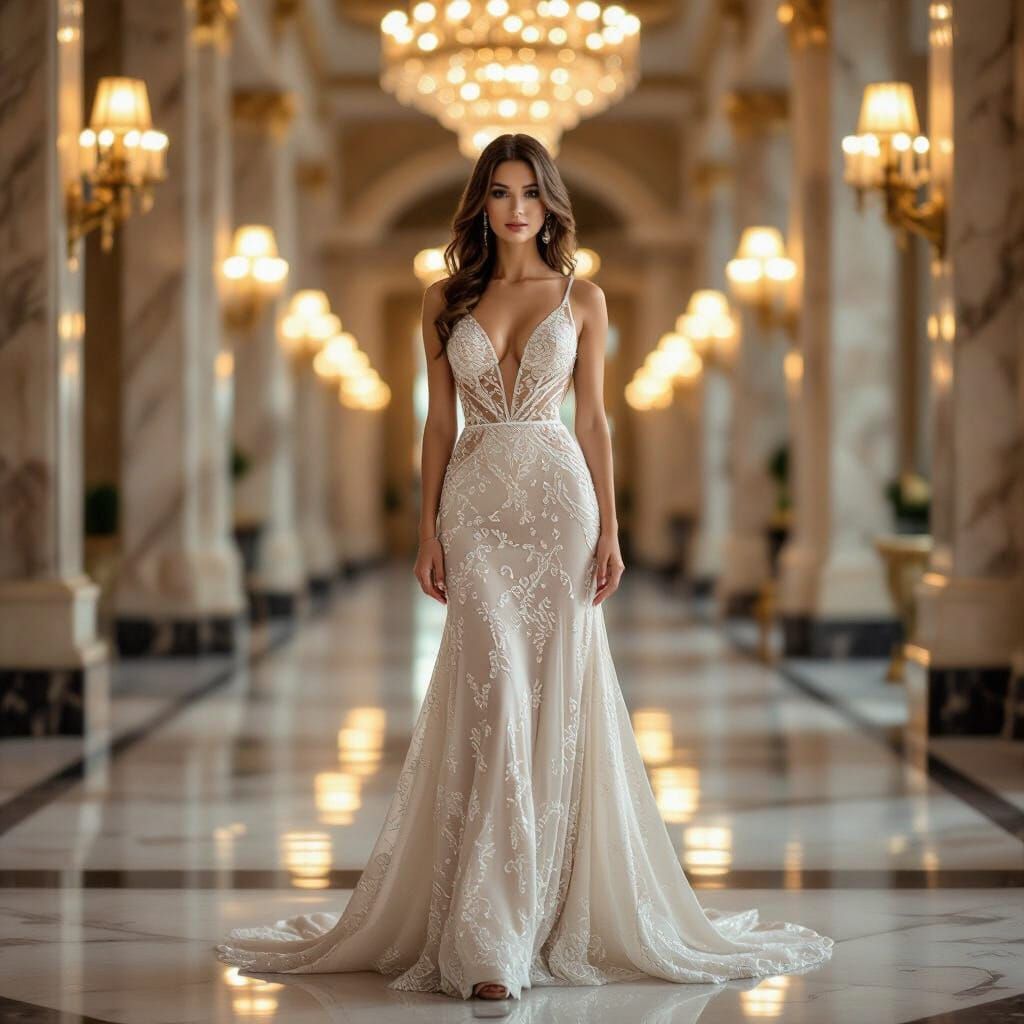 Elegant Woman in Diamond Gown in Opulent Hall