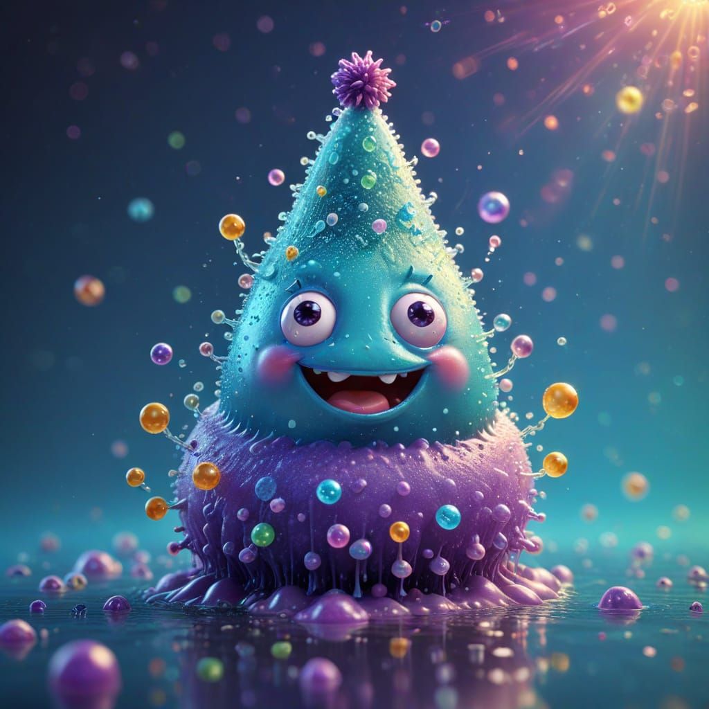 Cheerful Microbe in Party Hat Swims in Bubble Bath