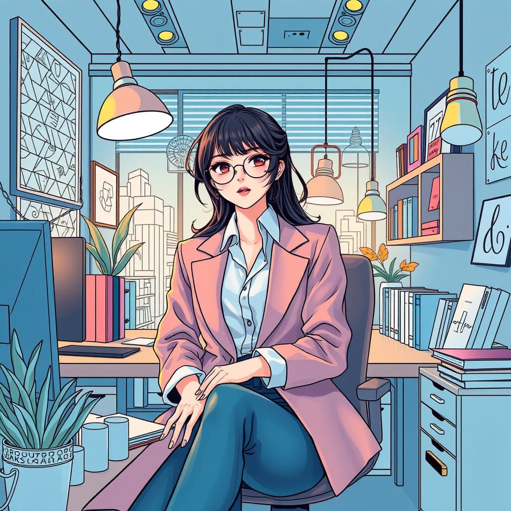 Japanese Manga-Inspired Woman in Chic Office Setting