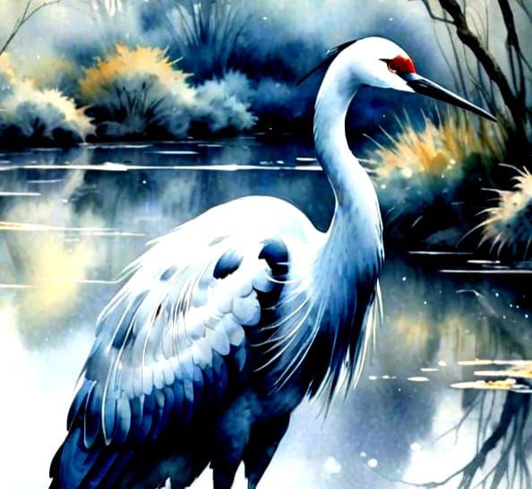 Ethereal Japanese Crane in Abstract Watercolor Style