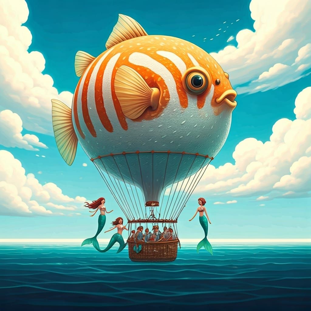 Mermaids Ride Pufferfish Balloon in Anime Style