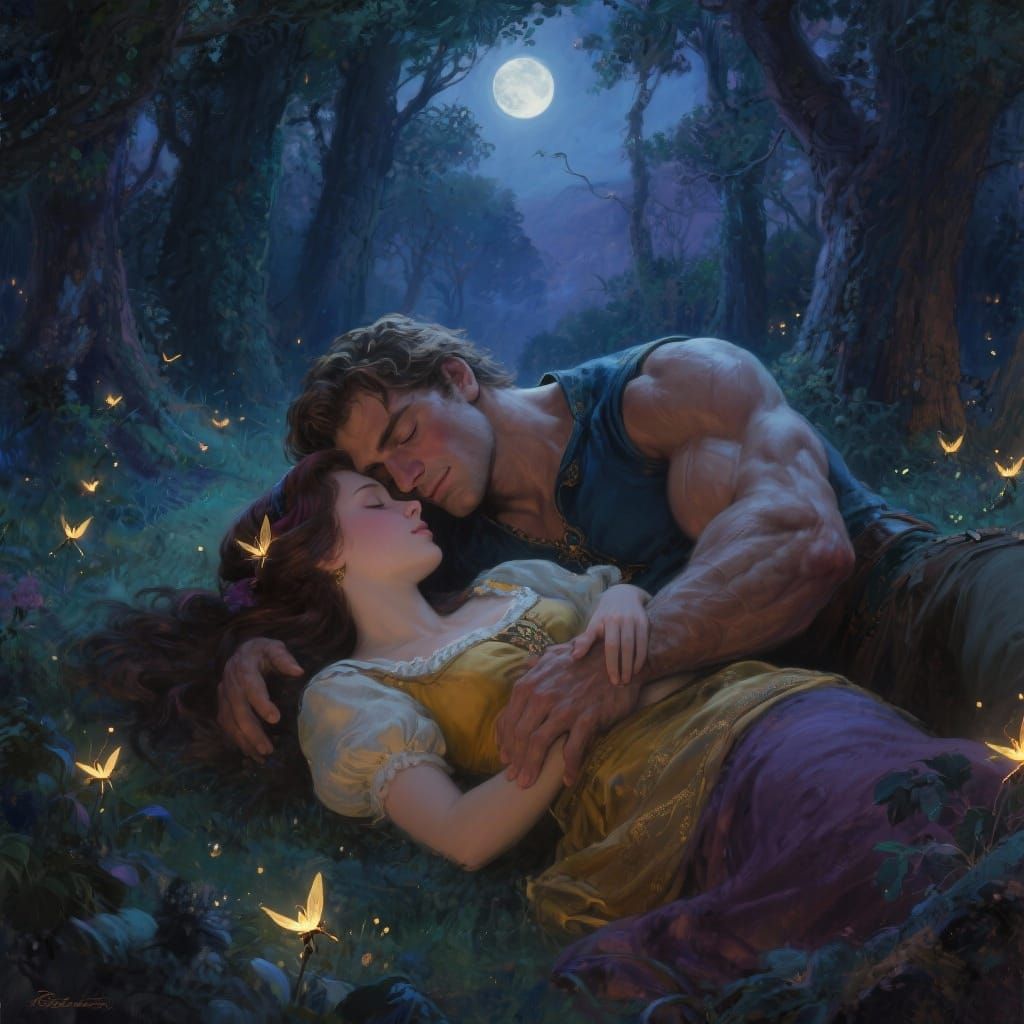Muscular Gaston and Belle in Romantic Forest Embrace