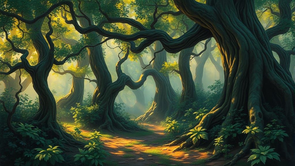 Mystical Forest in Warm Golden Light with Emerald Green Foli...