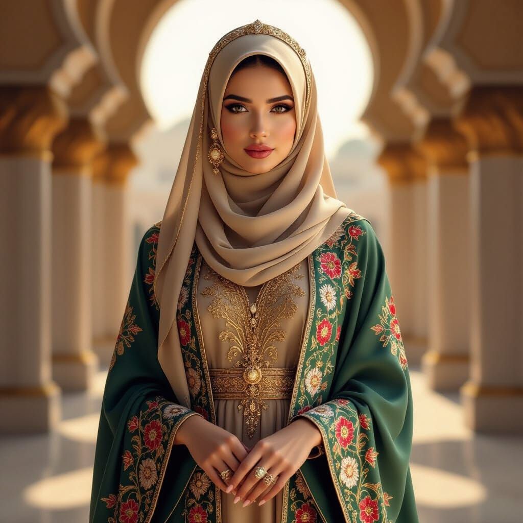 Regal Muslim Woman in Luxurious Abaya, Cinematic Style