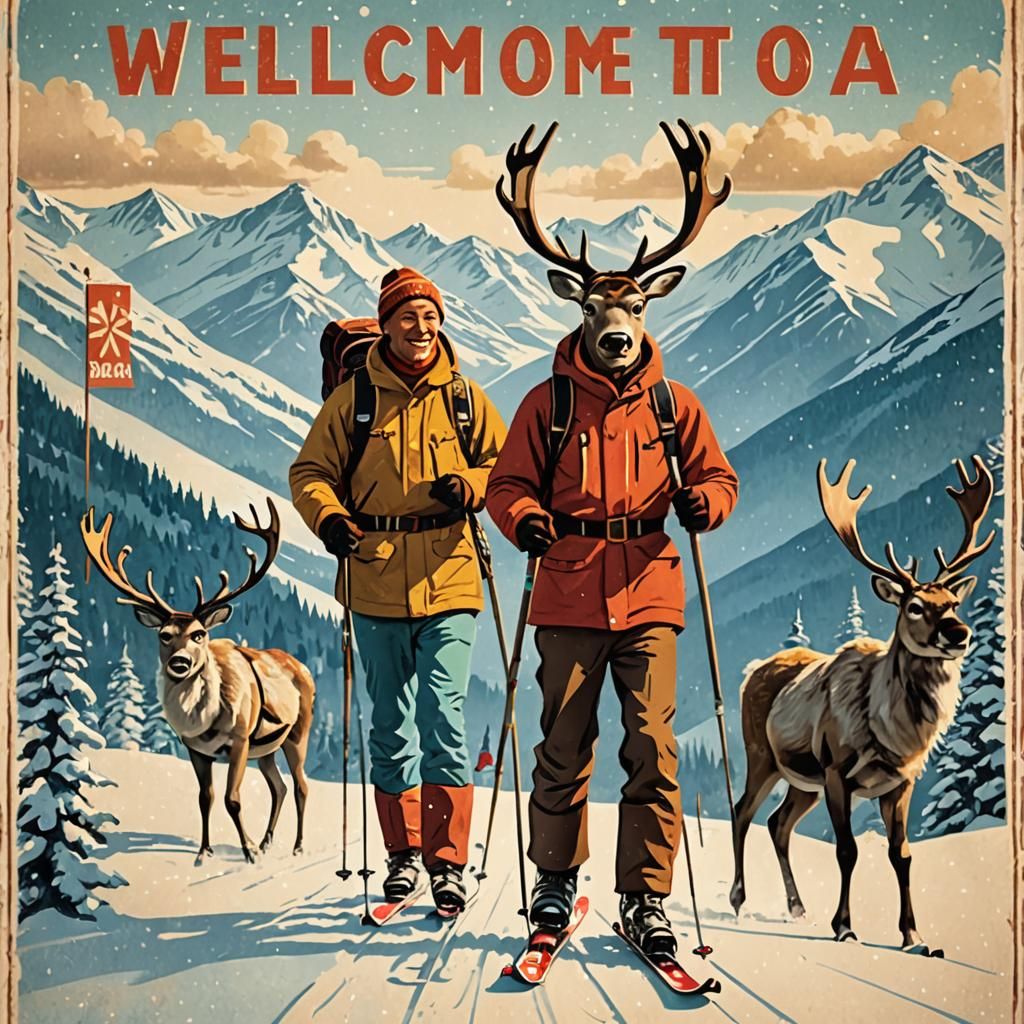 Vintage Alaska Travel Poster with Skier and Reindeer