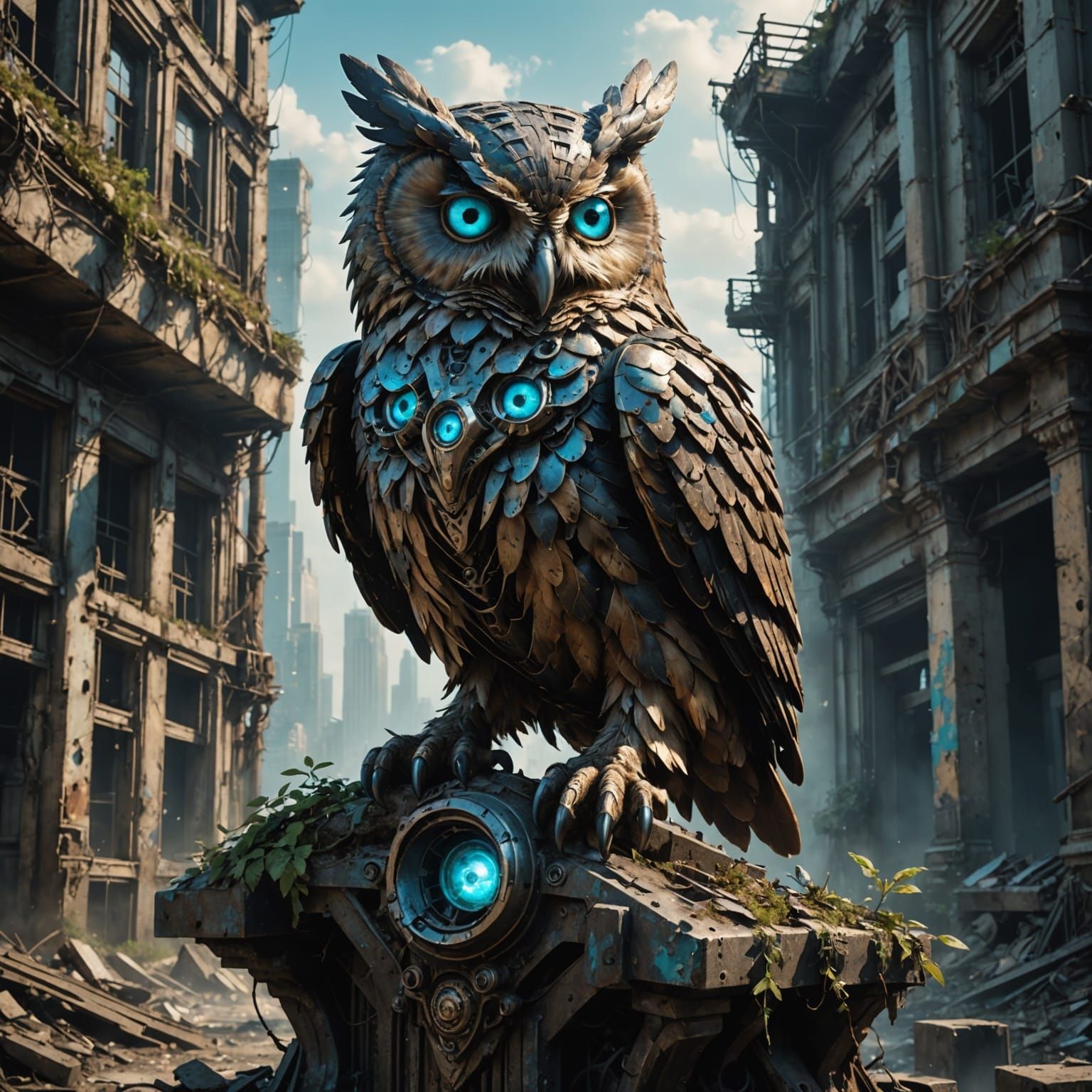 Mechanical Owl on Statue in Post-Apocalyptic City