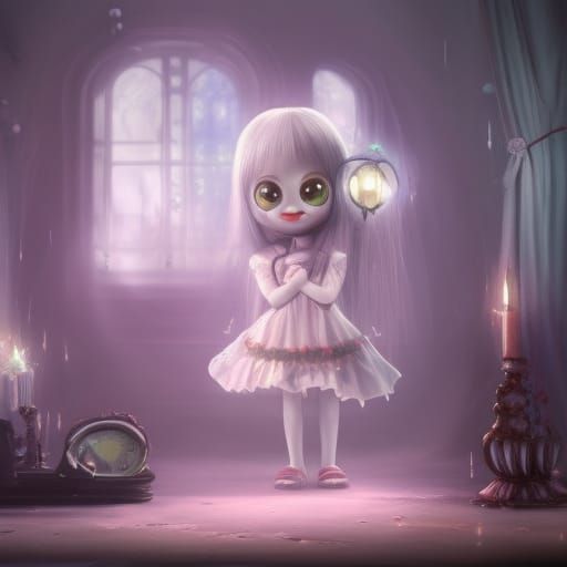 Cute Ghost Girl in Haunted Room, Digital Art
