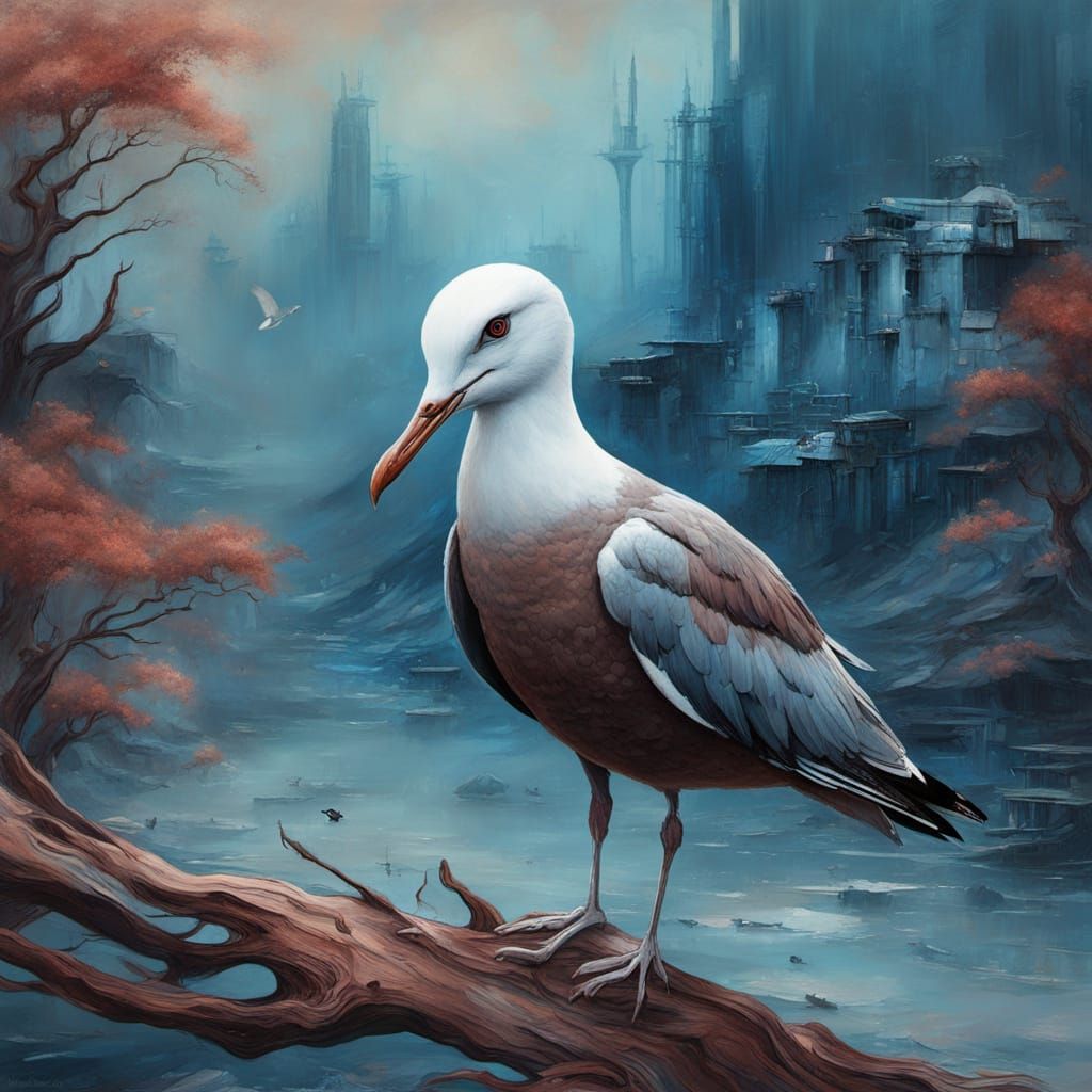 Surreal Smalt Blue Seagull in Abstract Cyberpunk Style