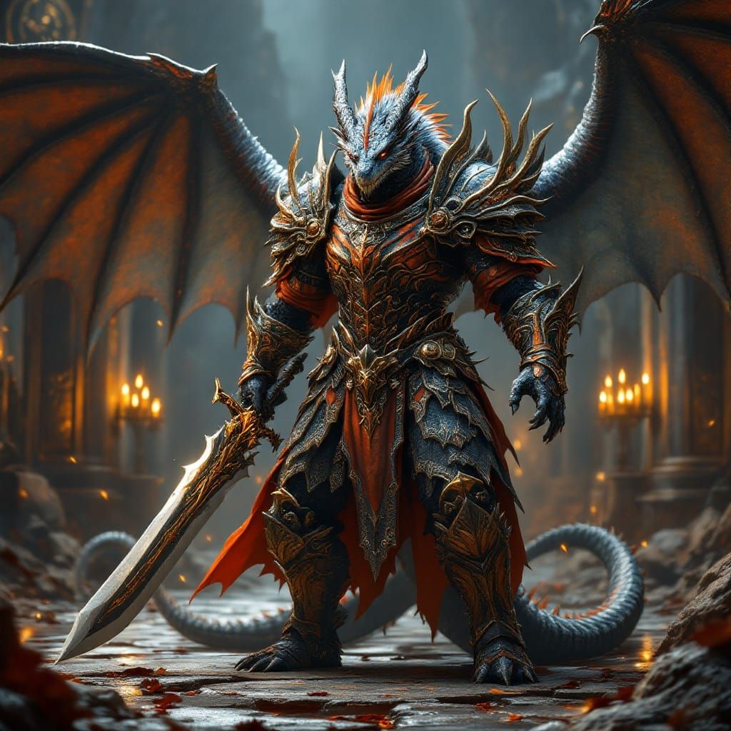 Epic Paladin Dragonborn Warrior in Rococo-Orange Plate Armor
