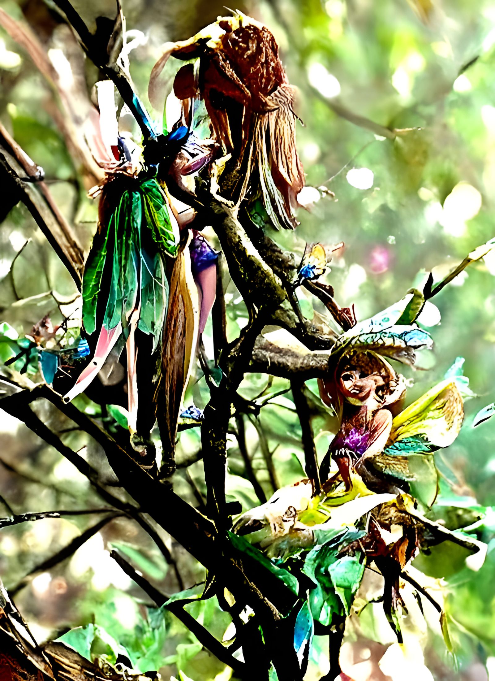 Fairies Dancing in Trees: Detailed Illustration