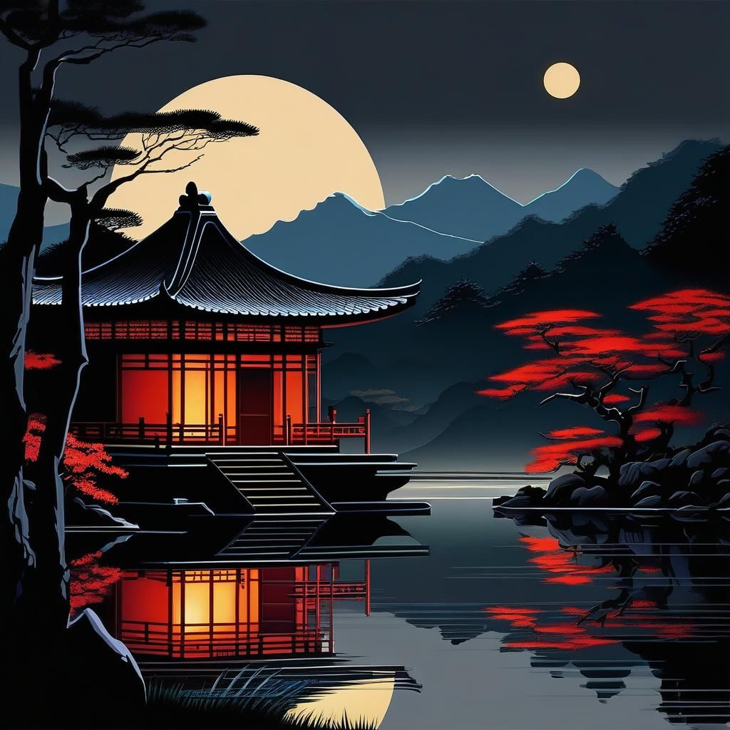 Mysterious Lakeside House Painting in Oriental Style