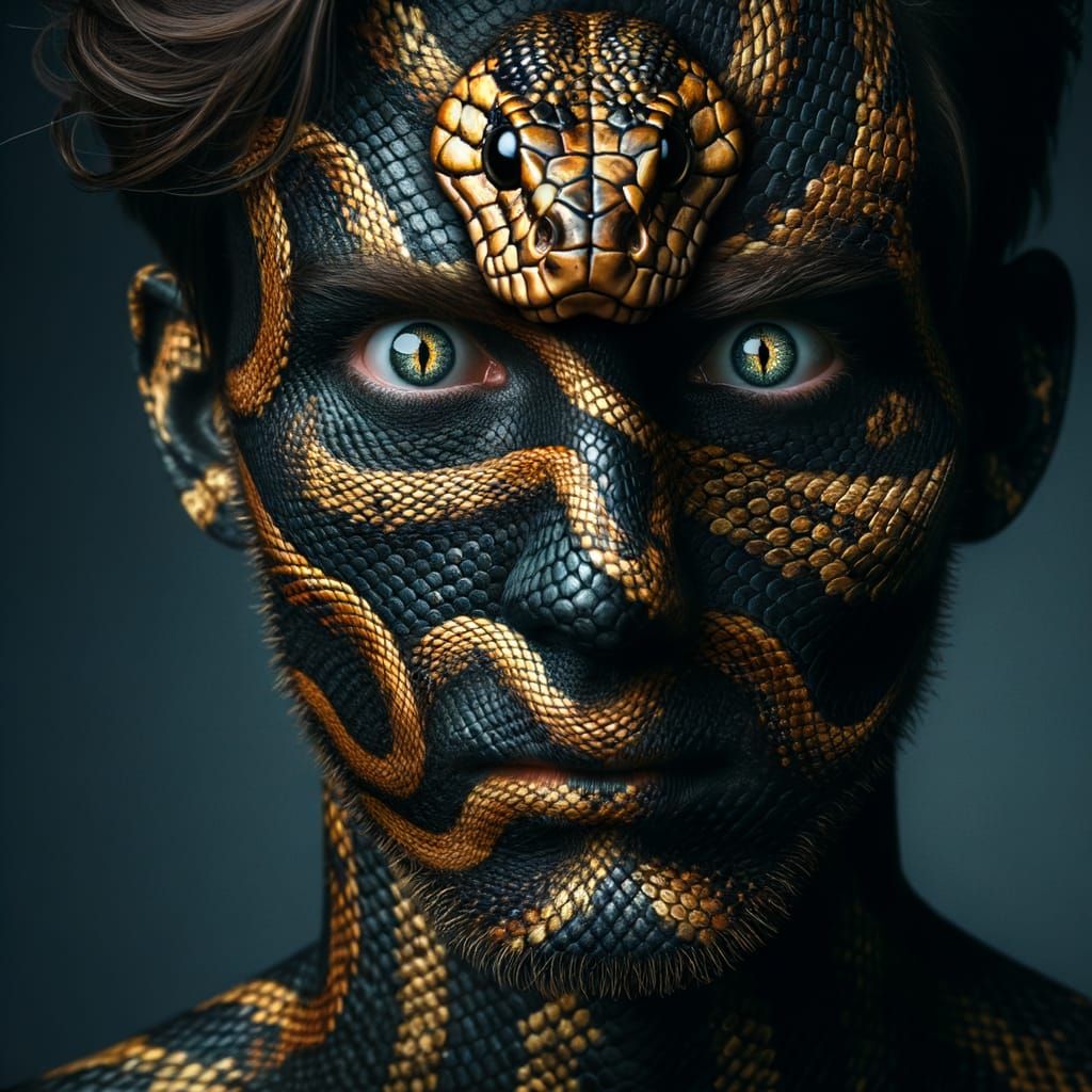 Man Covered in Glistening Snakeskin