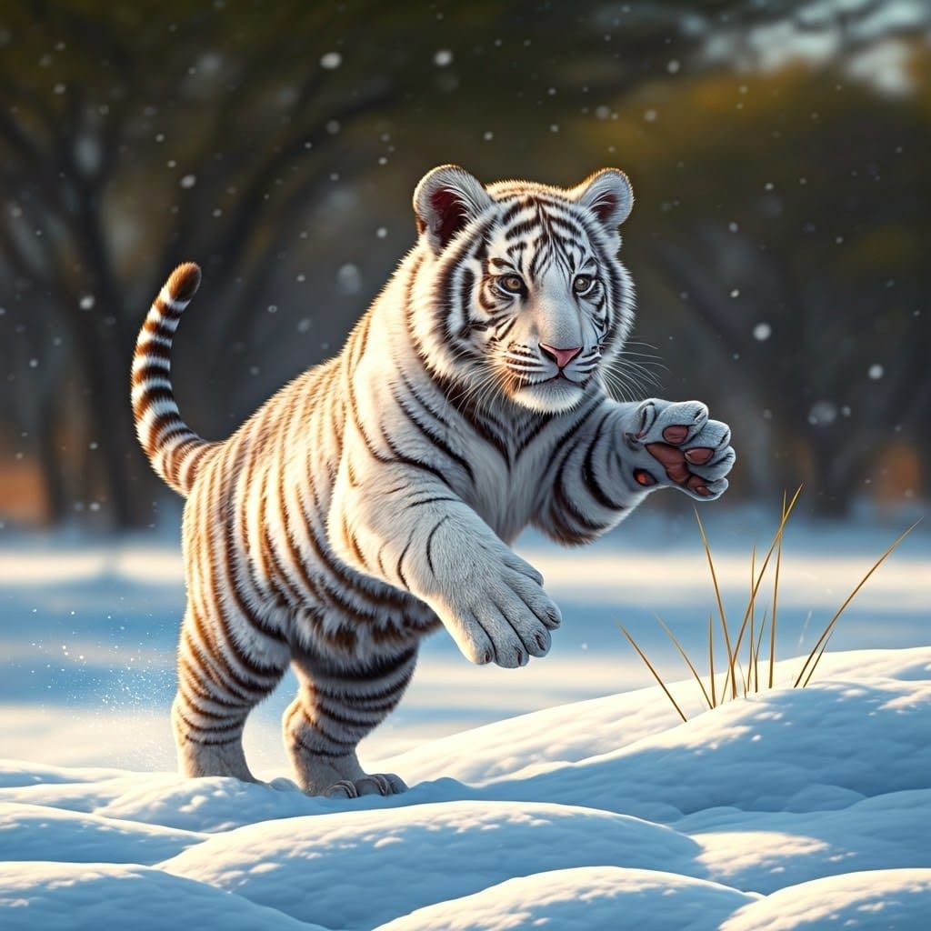 White Tiger Cub Plays in African Snow