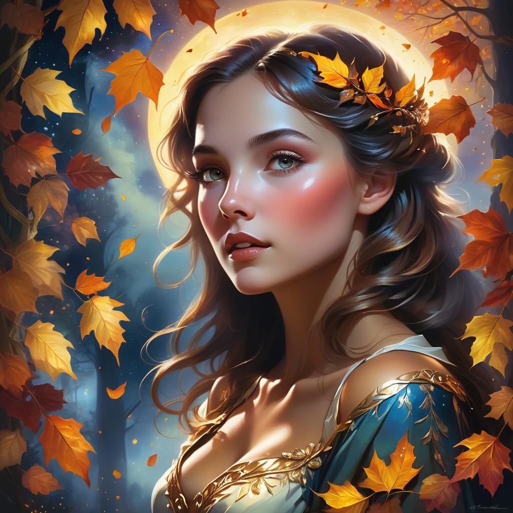 Mystical Woman Whispering to a Leaf in Autumn