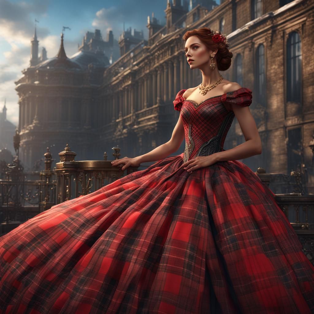 Woman in Red Plaid Ballgown: Fantasy Concept Art