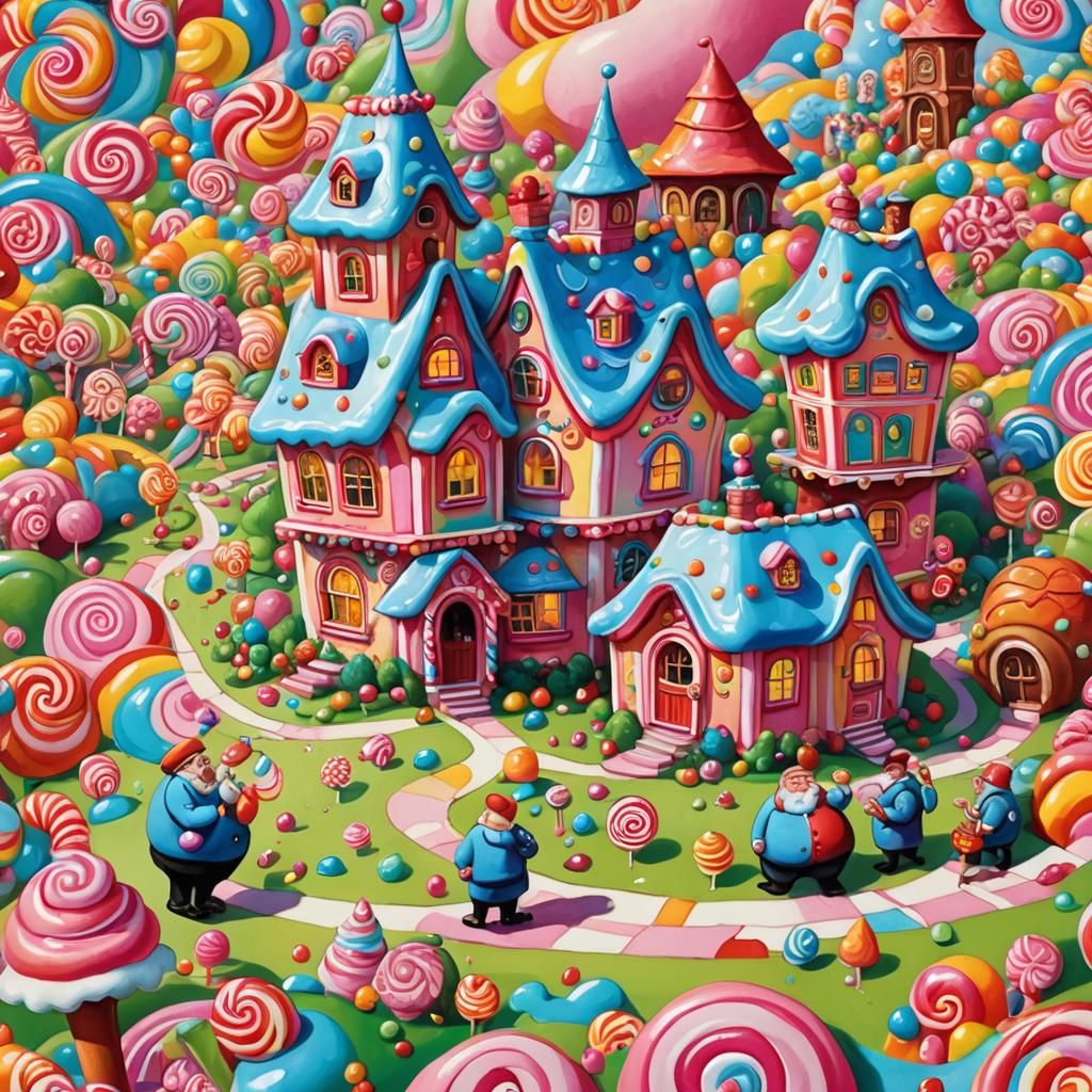 Two Men Eat Candy House in Gouache Style