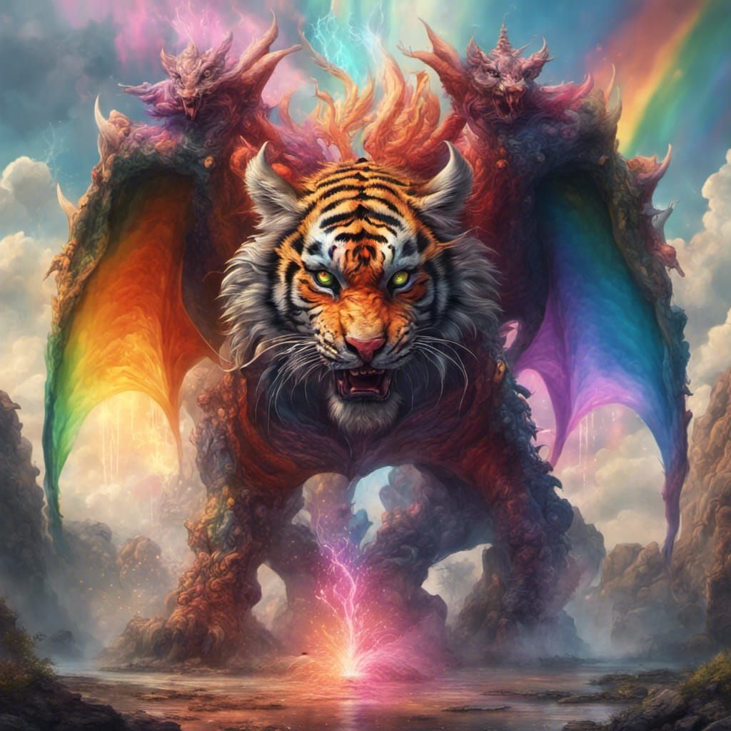 Baby Demon Tiger Dragon Emerging From Rainbow Portal