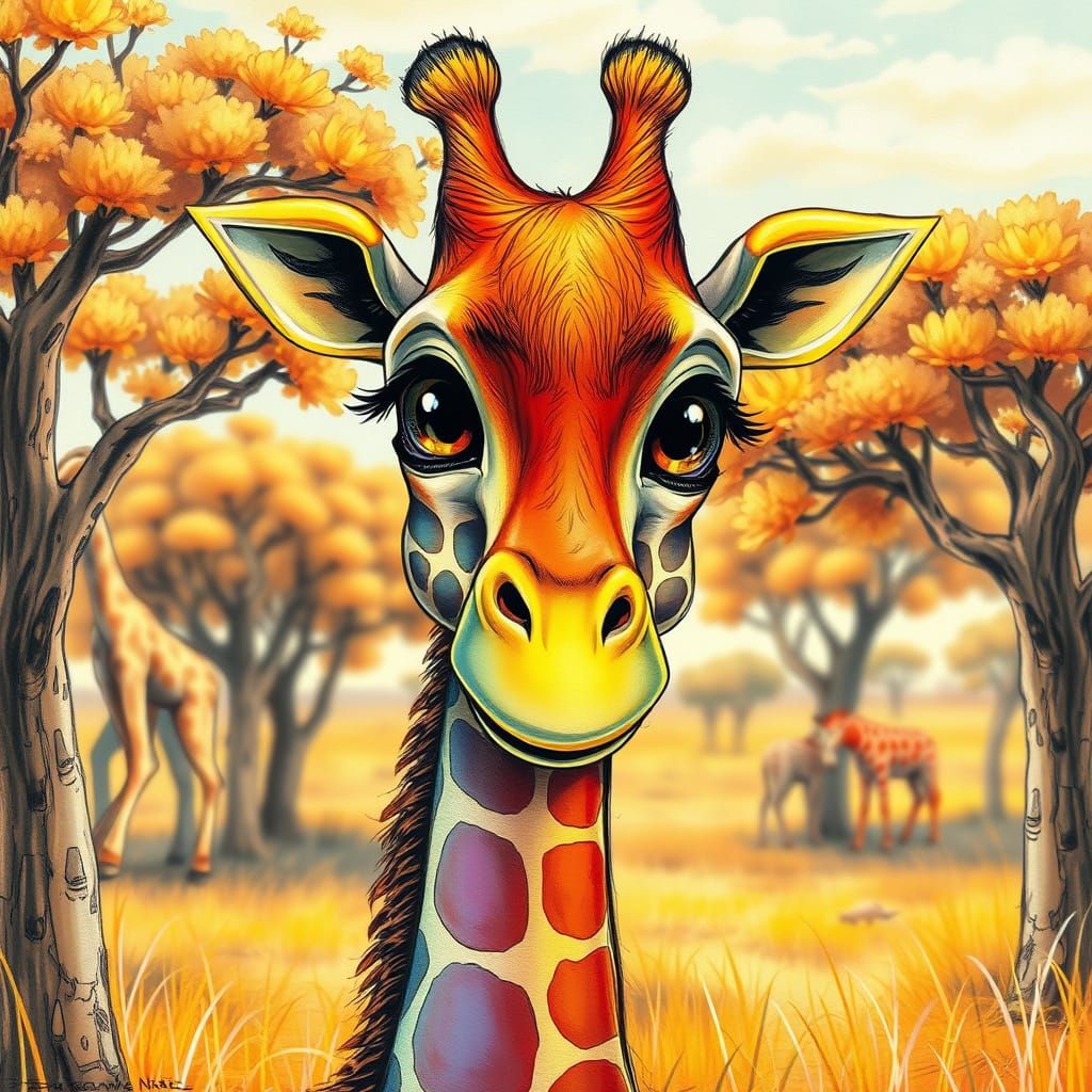 Iridescent Giraffe in Savanna, Whimsical Pencil Sketch