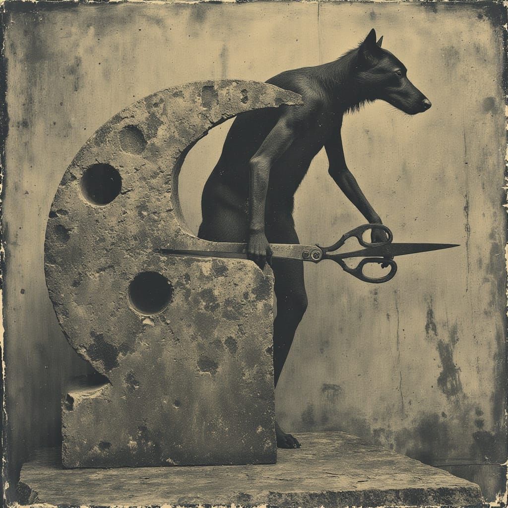 Stone Angel and Chimera with Scissors in Dark Oil Paint