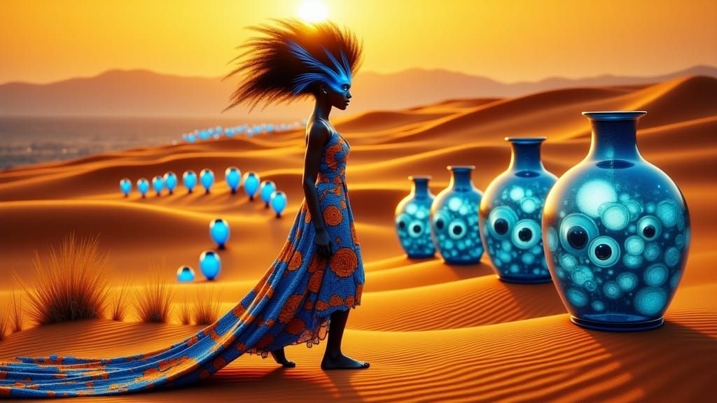 African Woman with Spider Mask in Surreal Desert