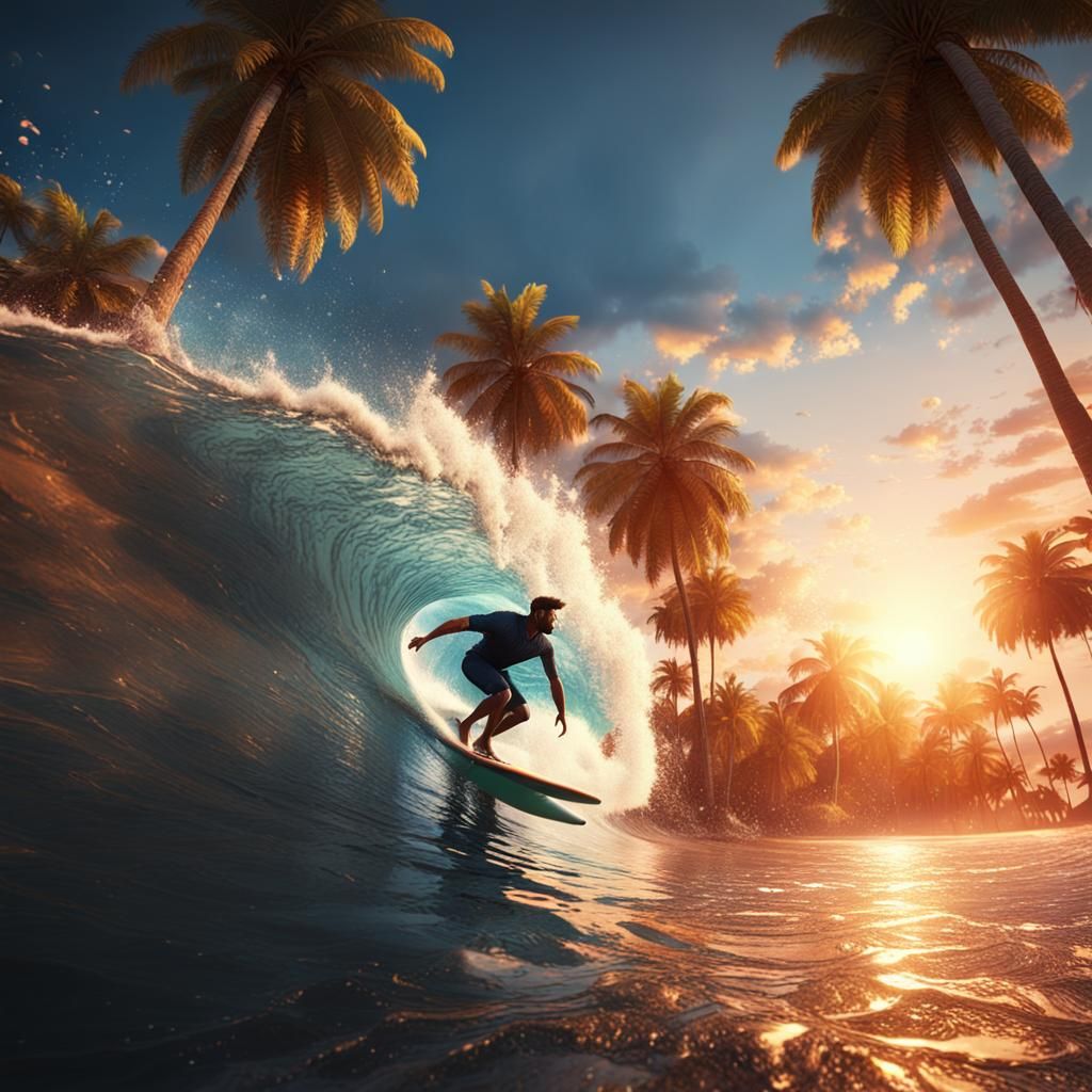 Surfer Rides Sunset Wave on Tropical Beach