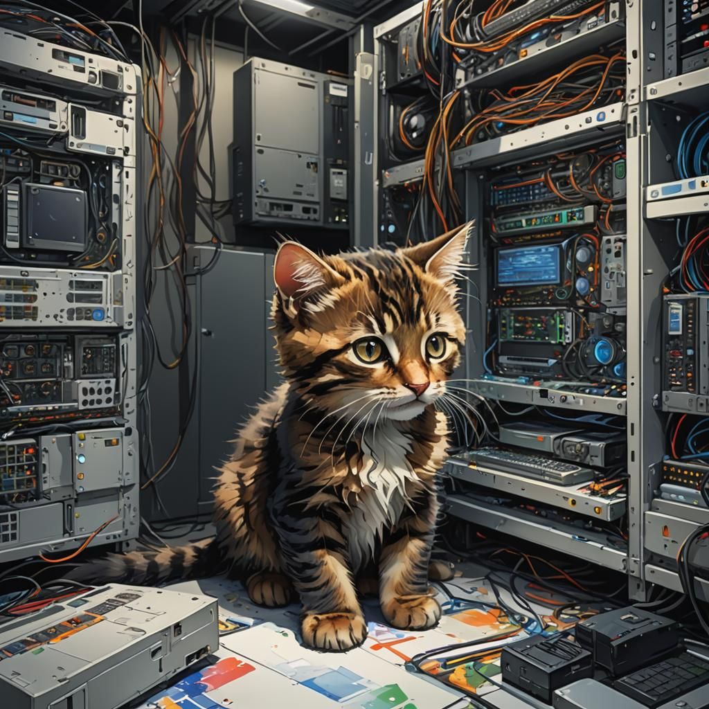 Kitten Fixing Computer in Datacenter, Watercolor Concept Art