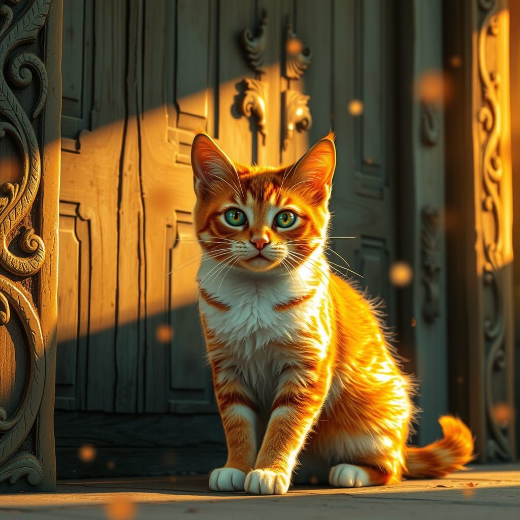 Orange Tabby Cat at Carved Door, Fantasy Art