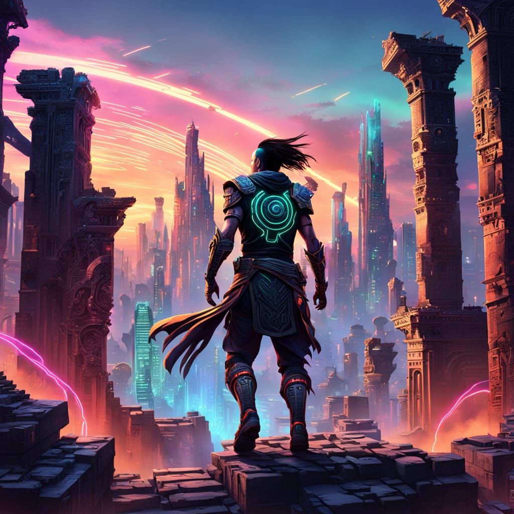 Character Leaps Between Ruins and Neon Cityscape