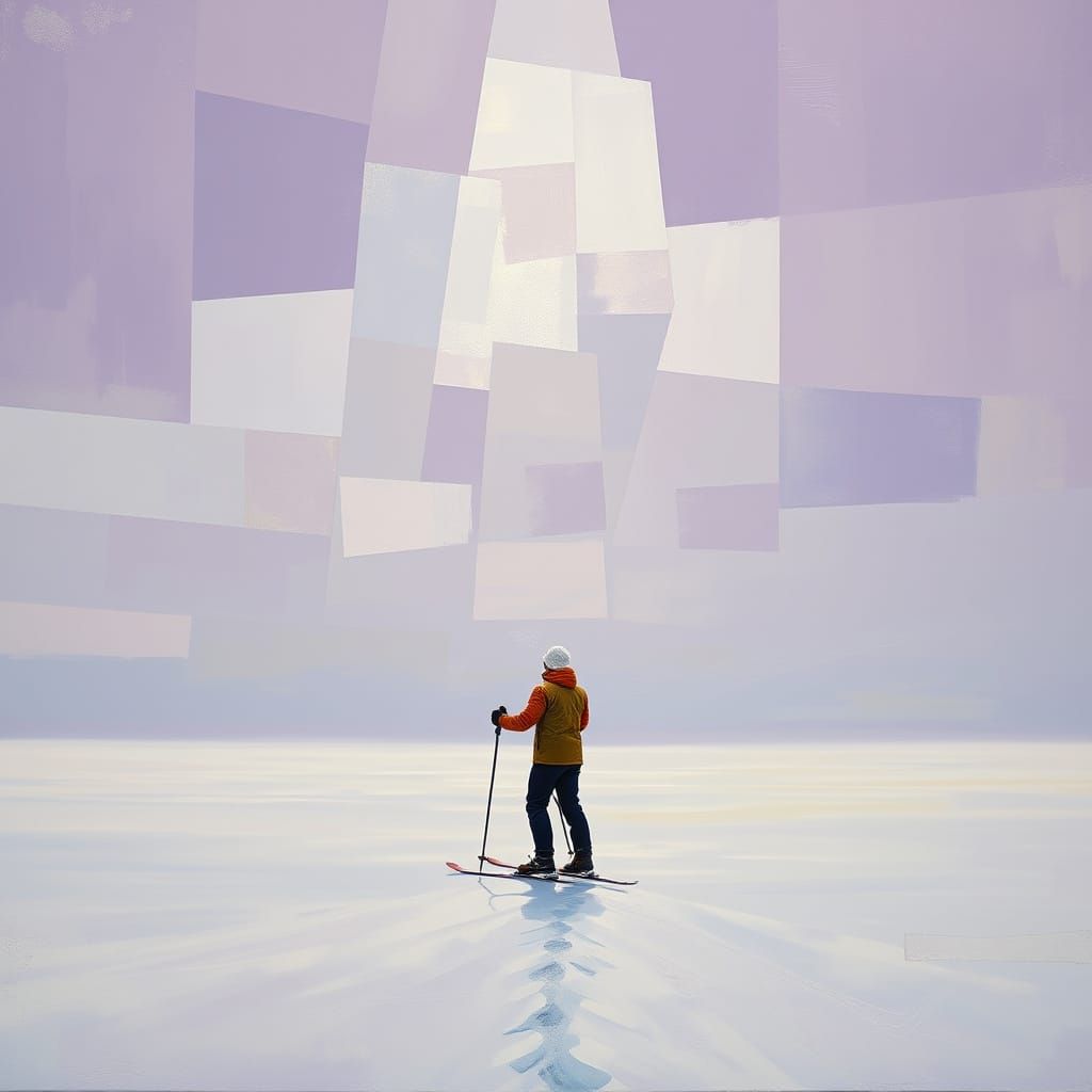 Skier Gazing at Geometric Sky as Abstract Expressionism