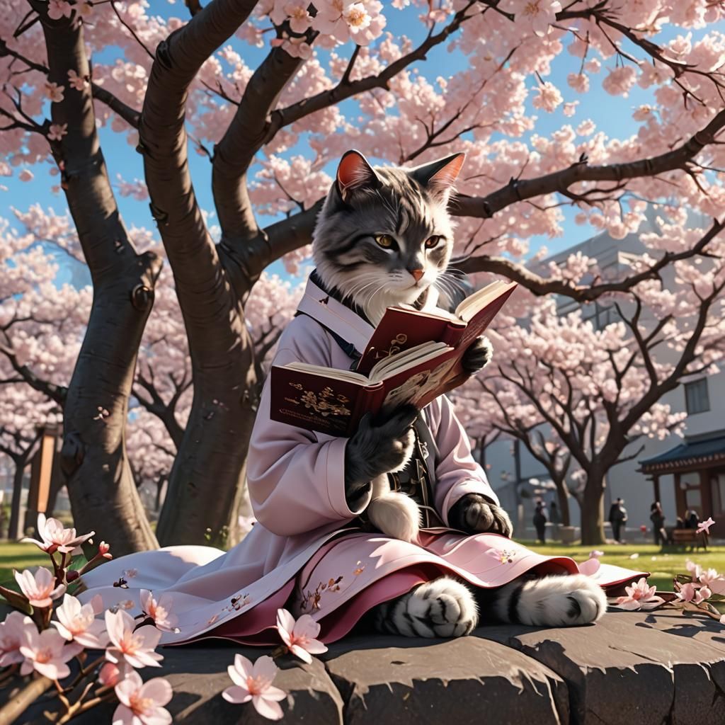 Cat-Girl Reads Under Cherry Blossoms: 3D Anime Art