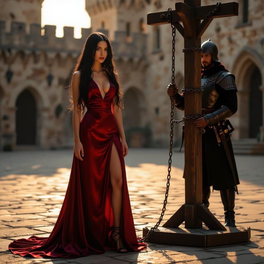 Medieval Scene: Woman in Red Silk Dress at Pillory