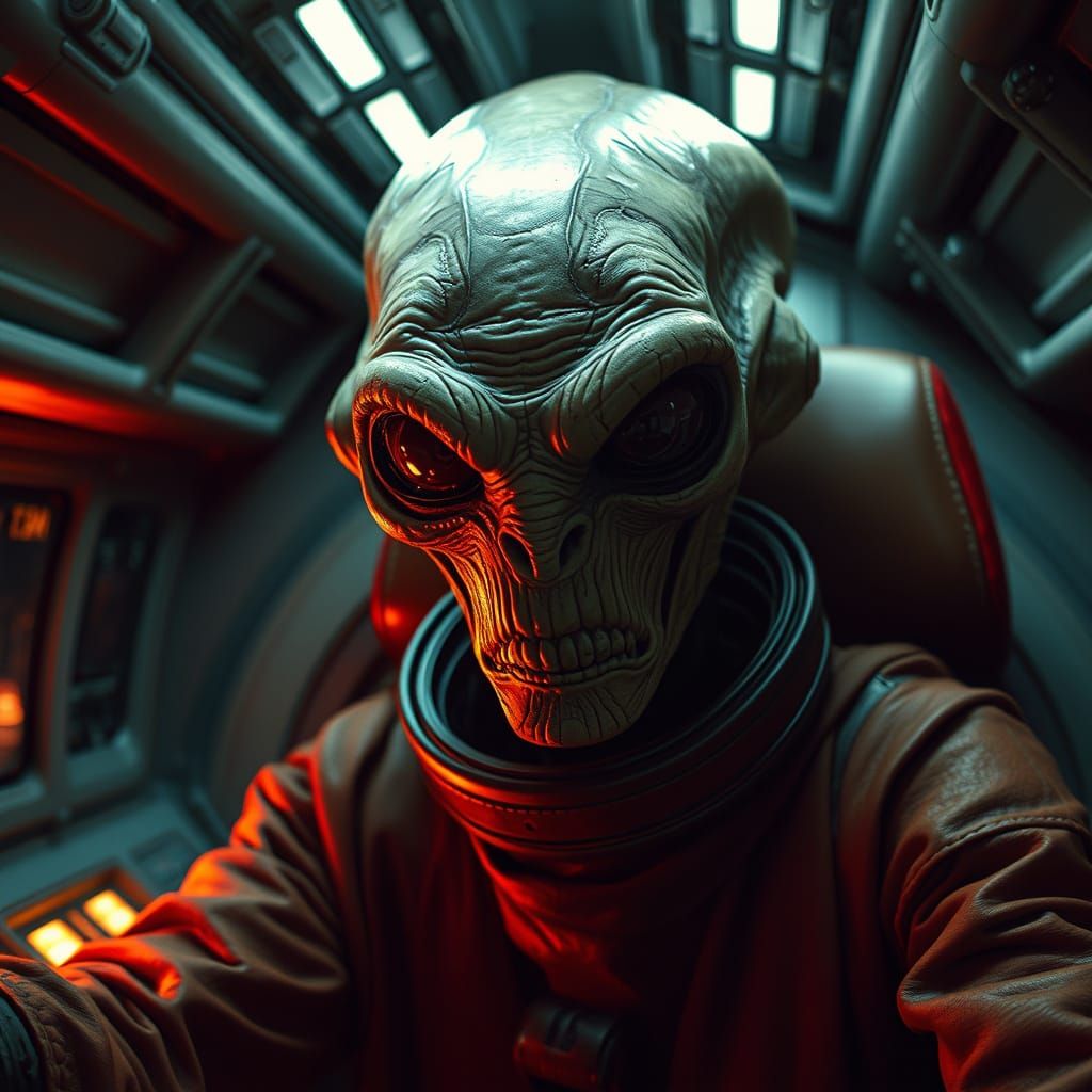 Horror Movie Alien in Damaged Spaceship