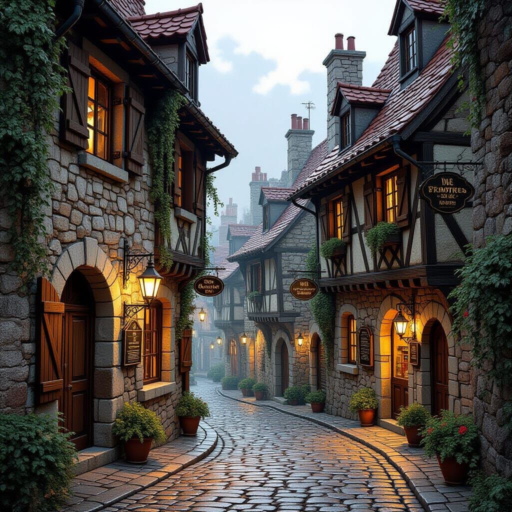 19th Century European Town Cobblestone Street Scene