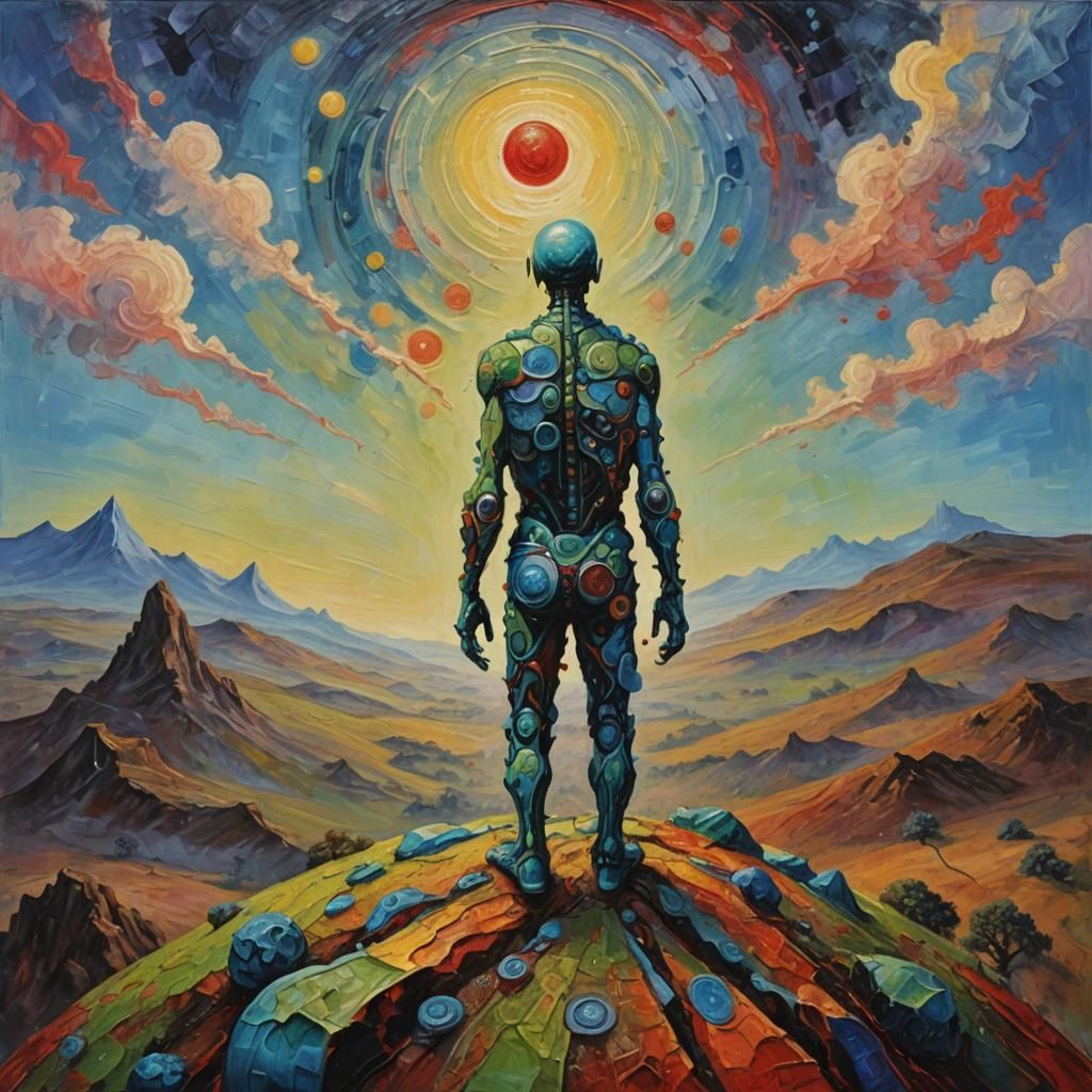 Surreal Abstract Man on Hill, Impasto Painting