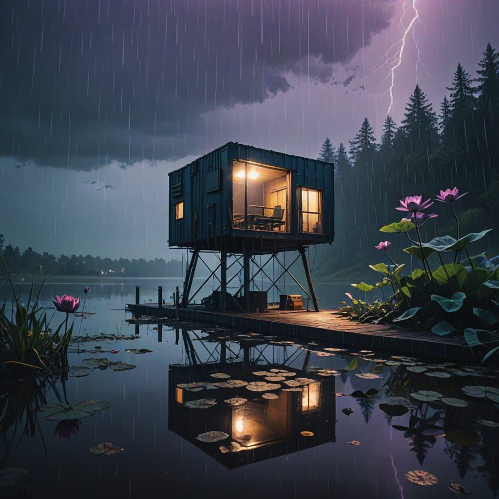 Ethereal Lakefront Refuge in a Futuristic Storm