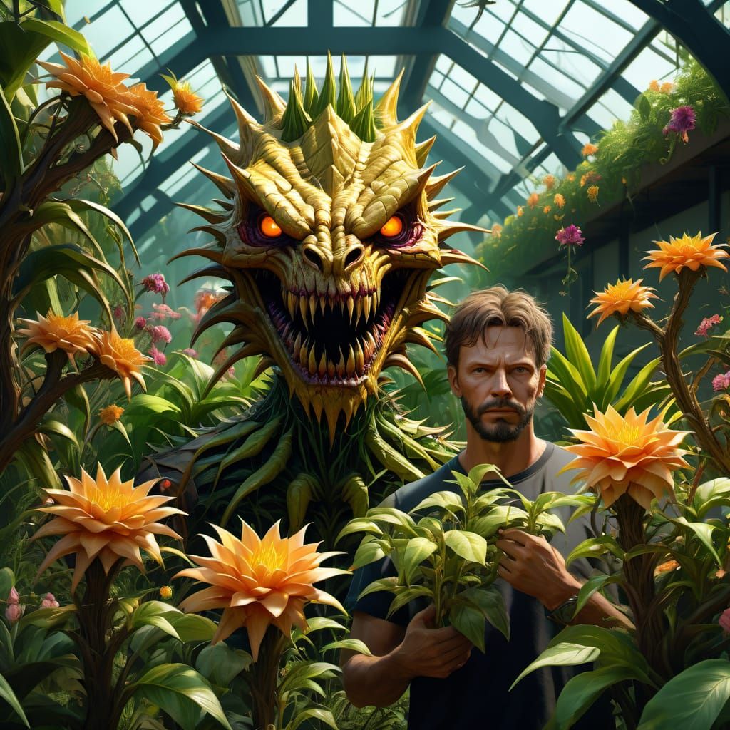 Man Among Man-Eating Plants in Hyper-Realistic Style