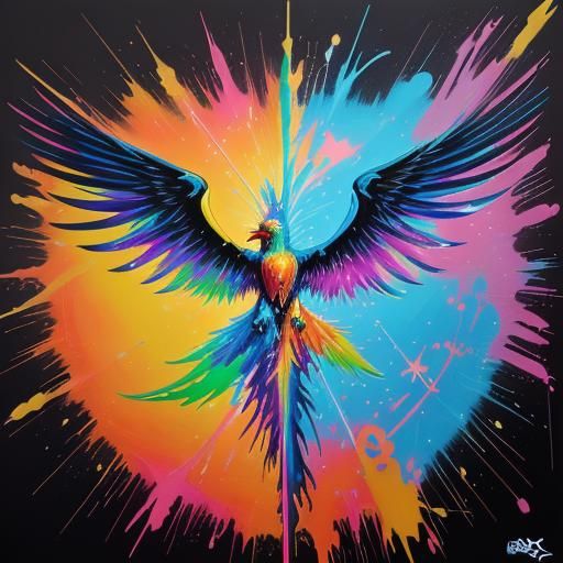 Neon Phoenix Gliding Through Space: Graffiti Art