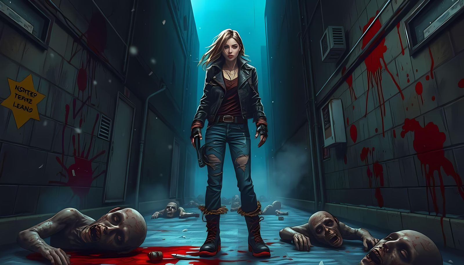 Lone Zombie Hunter in Bloody Alley: Digital Art