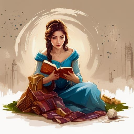 Princess Belle Reading in Opulent Library