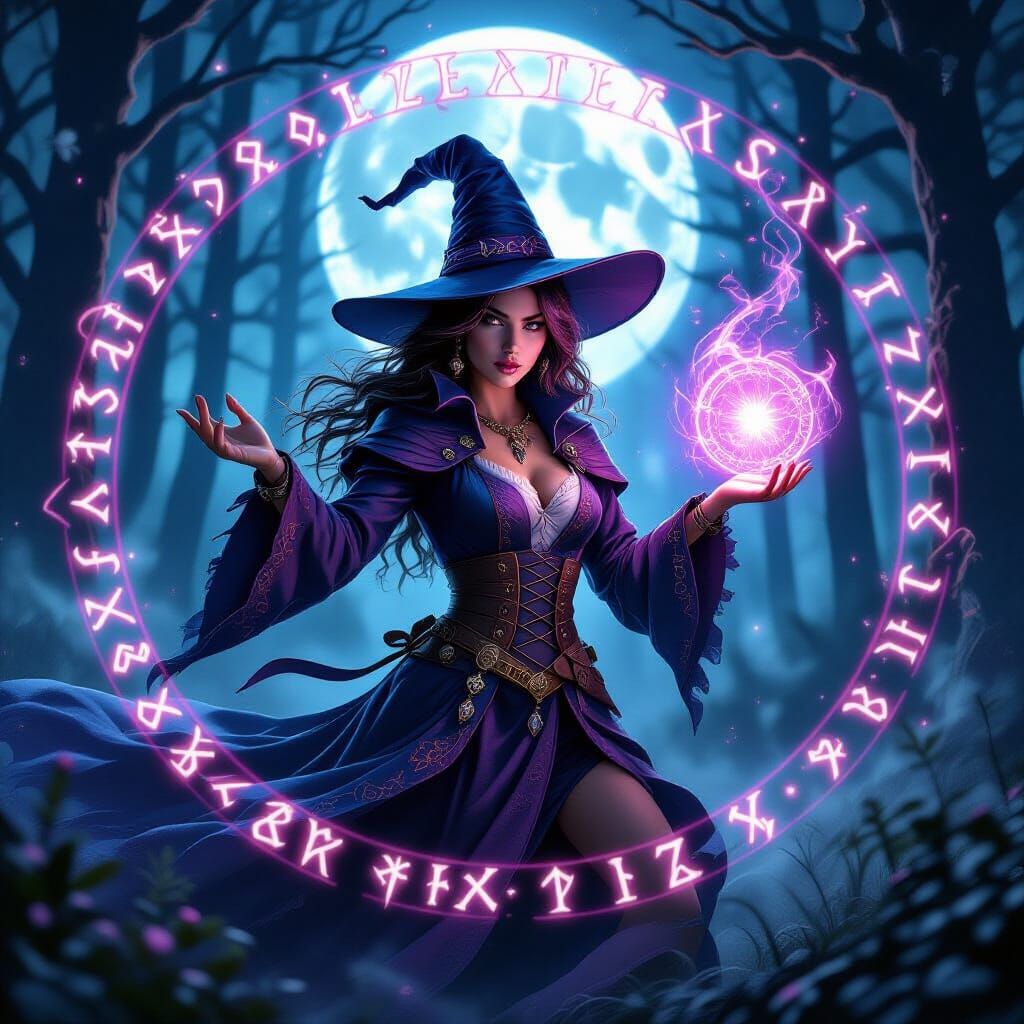 Powerful Witch Casting Spell in Moonlit Forest