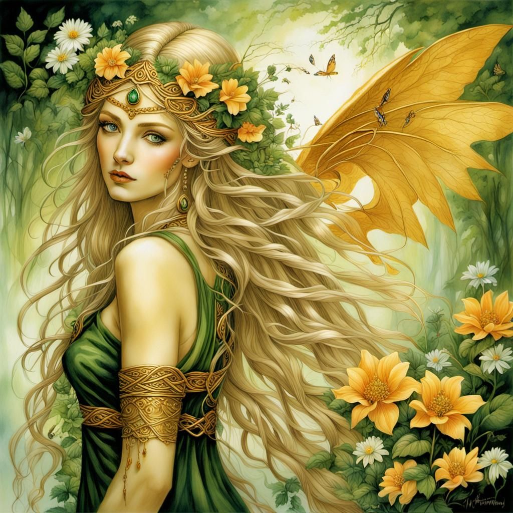 Goddess Danu on Her Throne: A Mixed Media Masterpiece