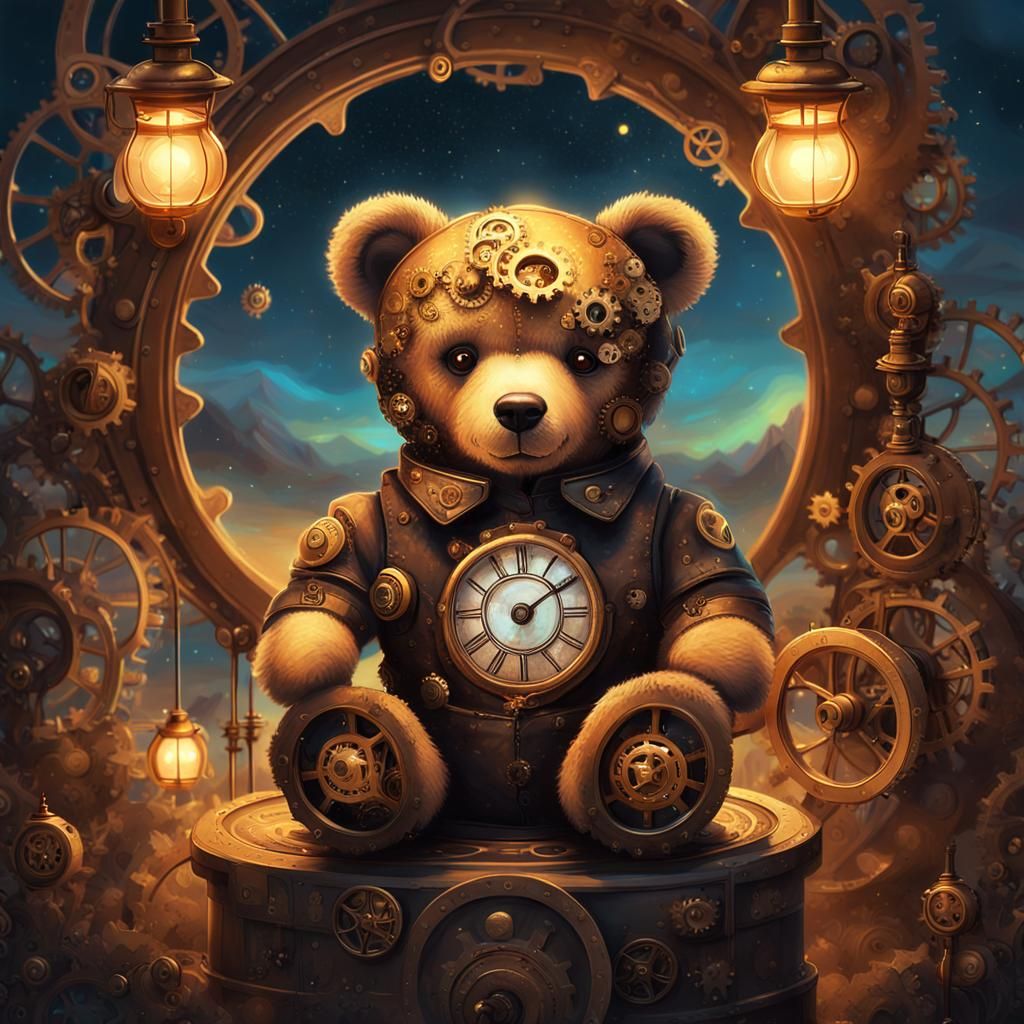 Steampunk Teddy Bear in Whimsical Fantasy Landscape