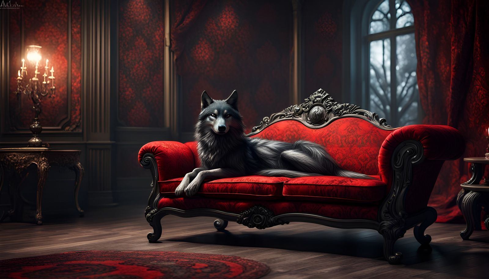 Hyper Realistic Dark Fancy Lounge with black wolf sitting on a Fancy Couch & Grungy Red Damask Texture on Rustic off-whi...