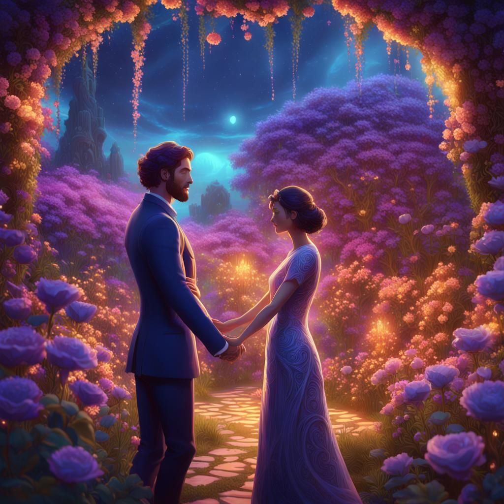 Enchanted Couple in a Glowing Fantasy Garden