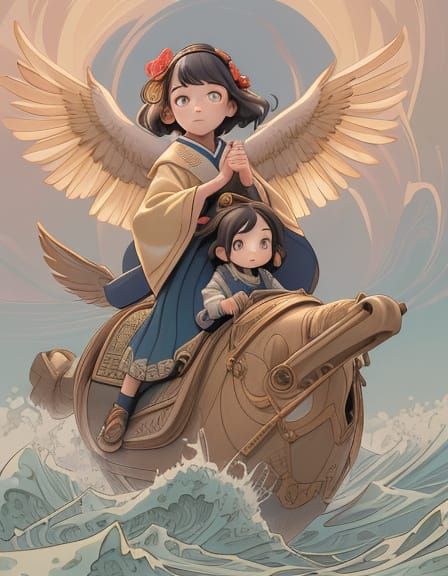 Concerned Father and Daughter Ride Majestic Bird in Flight, ...