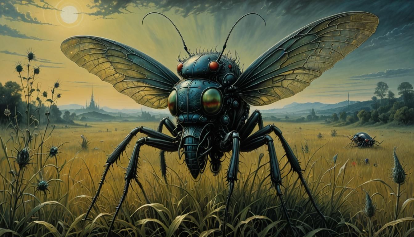 Surreal Biomechanical Woman-Bug in Meadow