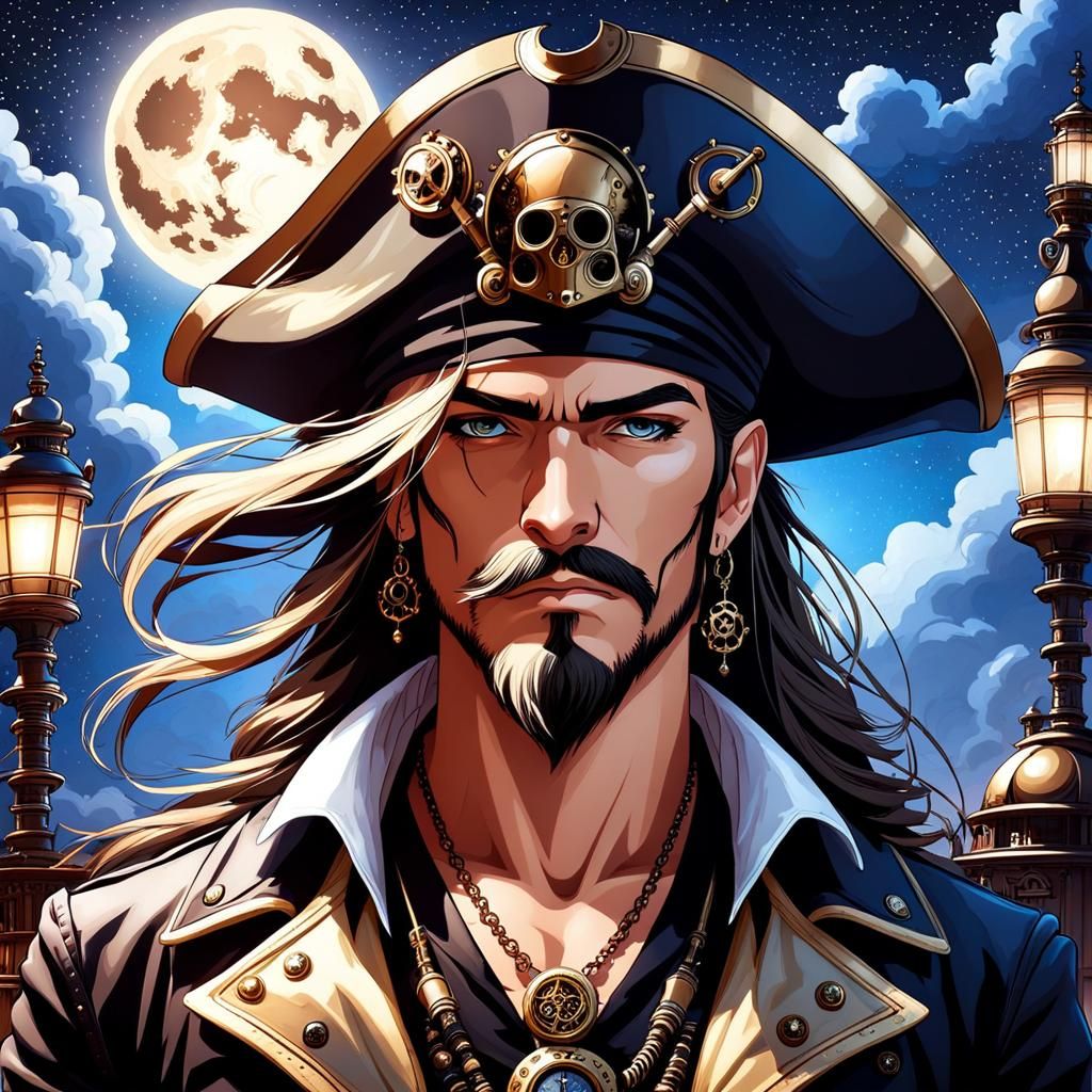 Fantasy Pirate Under Starry Sky in Steampunk Style